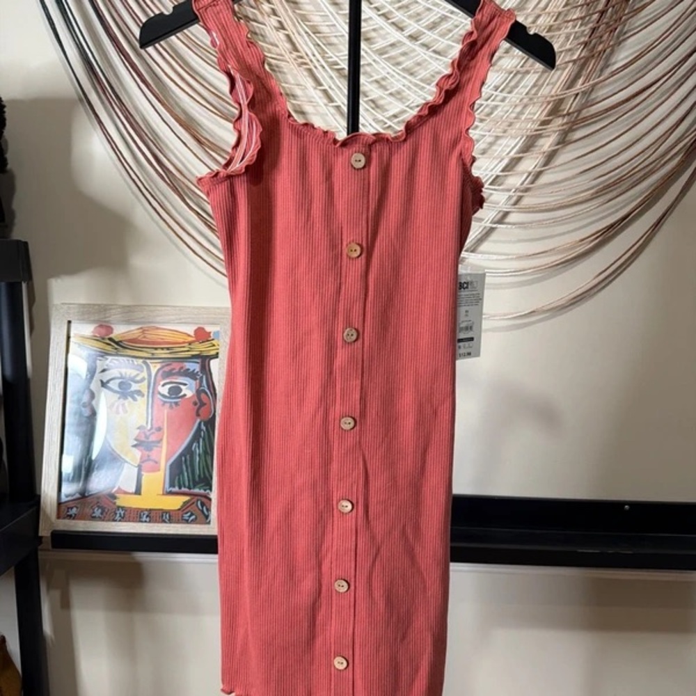 Ribbed Button-Front Midi Dress in Coral Pink